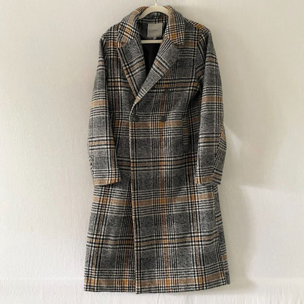 ICHI Sorba Wool Blend Double Breasted Checked Plaid Long Pea Coat Size 38/M